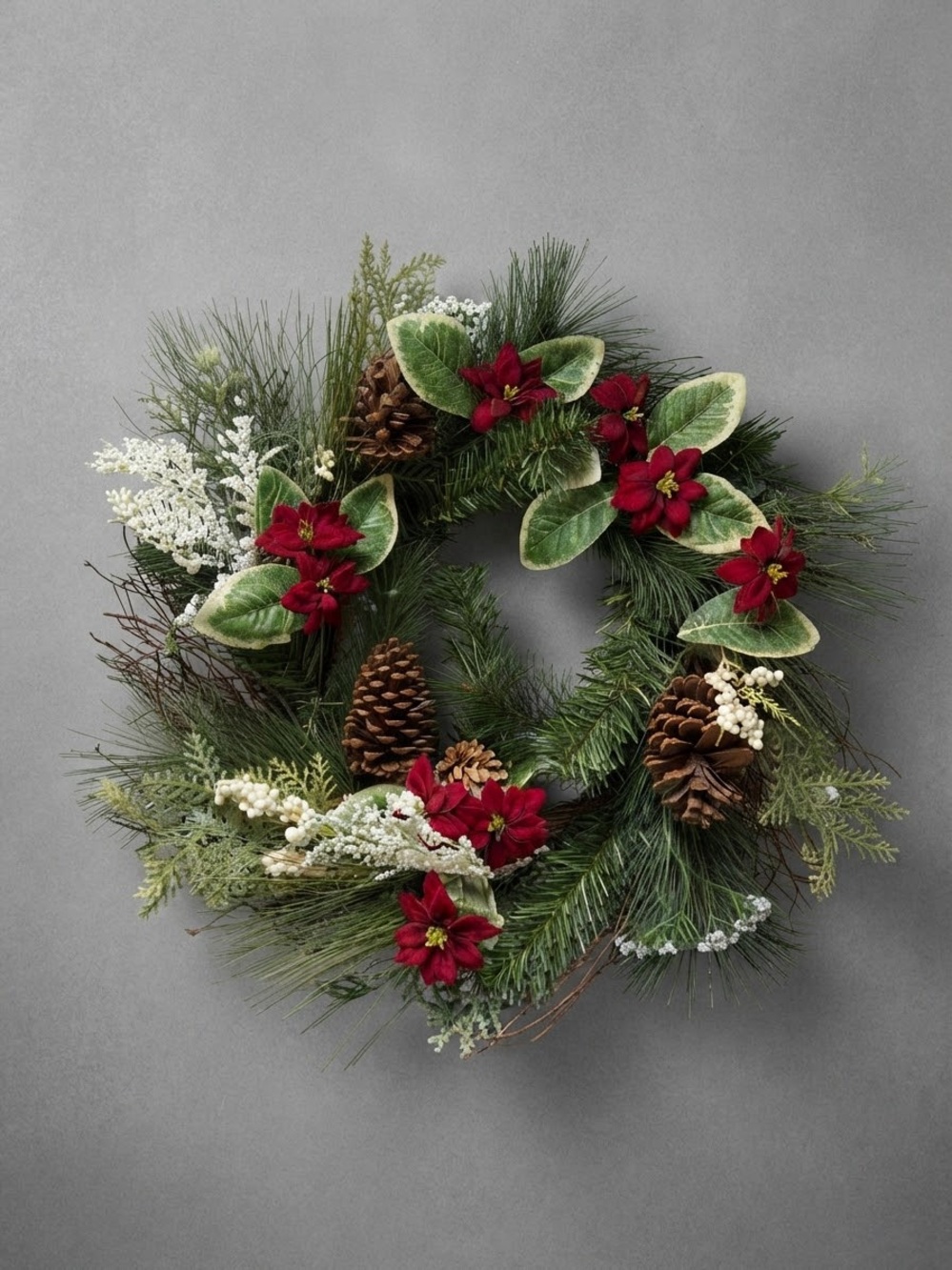 Rustic Christmas Holiday Wreath Pine Cones Poinsettia Berry Winter Decor